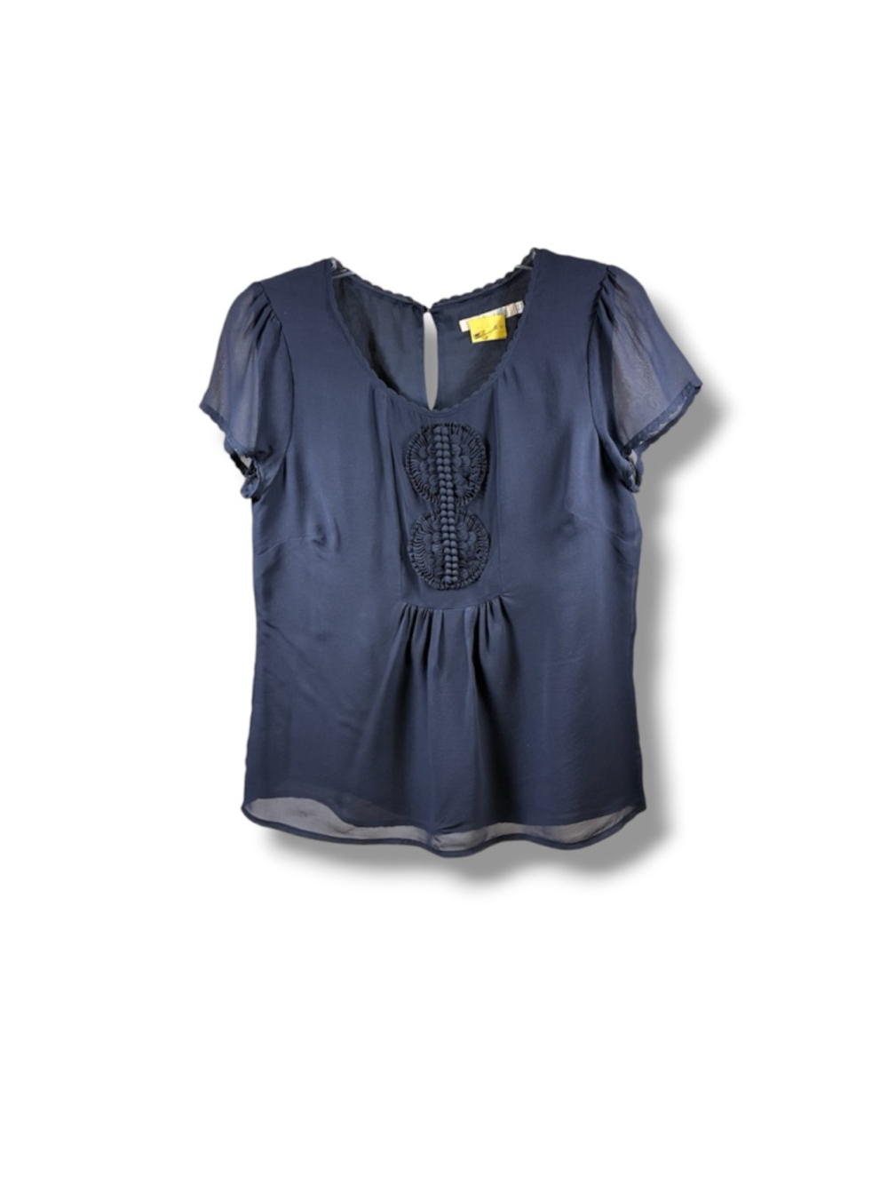 Boden Short Sleeve Silk Blouse with Embellished Front in Navy Size 6
